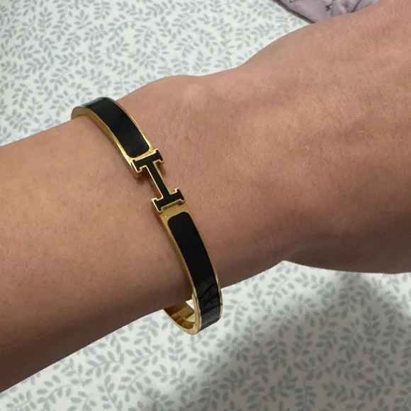 Gold Tone Bracelet with Black Enamel H Logo - Picture 2 of 3